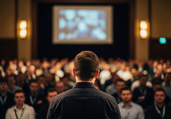 Obraz premium Confident Speaker Addressing a Large Audience at a Conference Event with Backlight Stage and Screen Projecting to the Crowd