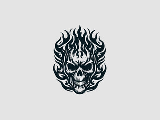 Obraz premium A fiery black and white skull with flames for hair and glowing eyes on a clean white background for halloween