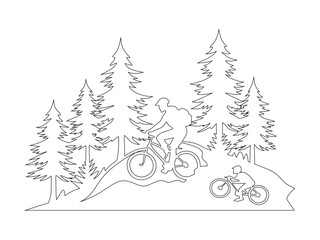 Fototapeta premium Mountain Bikers in Forest, Coloring Page Design
