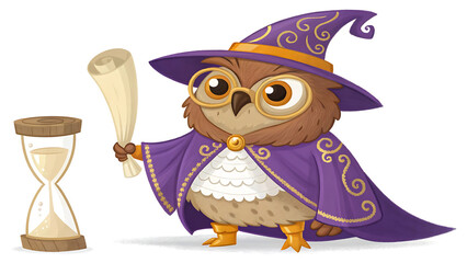 Cartoon owl wizard with glasses holding a scroll standing next to an hourglass on white background