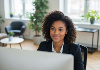 Confident African American Businesswoman Working at Computer in Modern Office Environment Achieving Goals and Success