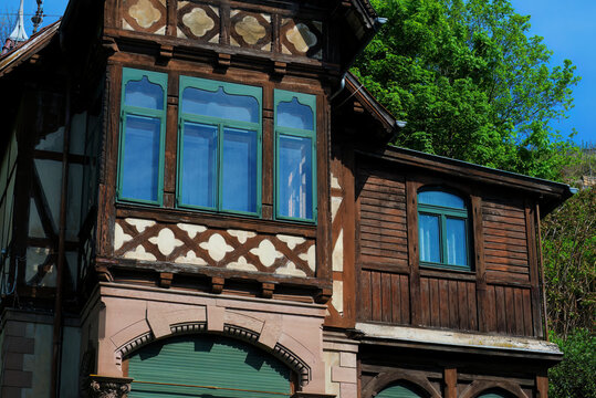 The wooden facade olf an old building