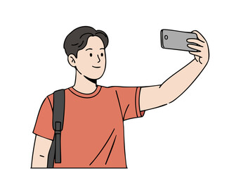 A young man takes a selfie with his smartphone, showcasing the 'SG60 Memory Snap' feature. Clean, modern illustration style. Focus on digital photography and memory capture.