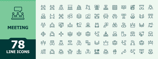 Meeting line icon pack. Minimal thin line web icons set. Contains such symbols as consultation, talk, meet, team, seminar. Vector illustration. Pixel perfect. Presentation icon set. © icogrid