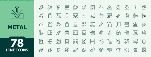 Metal line icon set. Minimalist editable vector stroke. It contains symbols to metallurgy, bar, manufacturing, metallic, industry, stainless, iron. Vector illustration. Pixel perfect. Steel icon set.