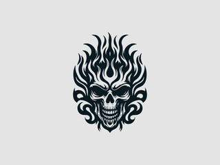 A fiery black and white skull with flames for hair and glowing eyes on a clean white background for halloween