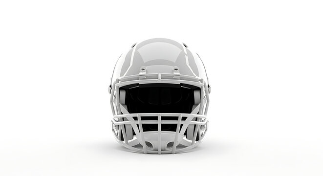 Front view of a white football helmet with a white face mask on a white background and black interior ai generated