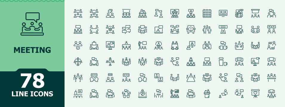 Meeting line icon pack. Minimal thin line web icons set. Contains such symbols as consultation, talk, meet, team, seminar. Vector illustration. Pixel perfect. Presentation icon set.