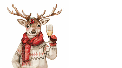 Watercolor reindeer in patterned sweater with champagne. Holiday party concept.