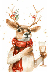 Christmas watercolor reindeer in red scarf with champagne glass in snow. Winter celebration concept.