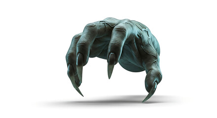 A creepy hand with long nails reaching out on a white background in a menacing way close up shot ai generated