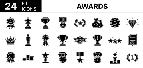 Collection of 24 Awards fill icons featuring editable strokes. These outline icons depict various modes of Award, icon, trophy, winner,