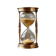 Antique brass hourglass with flowing sand isolated on transparent background