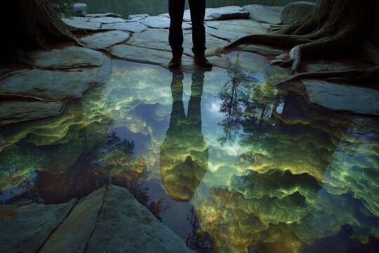 Cracked marble floor reveals hidden worlds below unnoticed by figure above