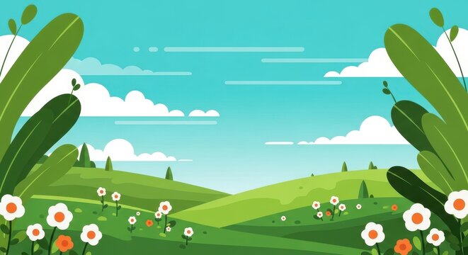 Flat illustration of a vibrant spring landscape with rolling green hills, blooming flowers, and a bright blue sky with fluffy clouds