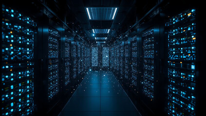 Immersive data center corridor with glowing blue servers and digital data streams creating a futuristic tech environment.