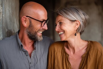 Middle aged couple sharing a sincere laugh and enjoying a happy moment while bonding in a cozy, rustic indoor setting during the afternoon