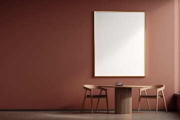 Blank gold-framed mockup on muted terracotta-colored wall in minimalist dining area with wooden table and chairs