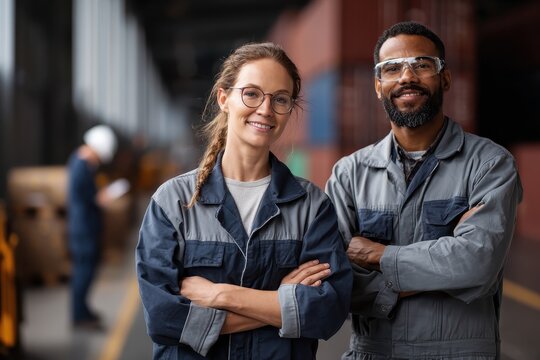 Male and female workforce members in export logistics business showcase teamwork and professionalism in warehouse setting