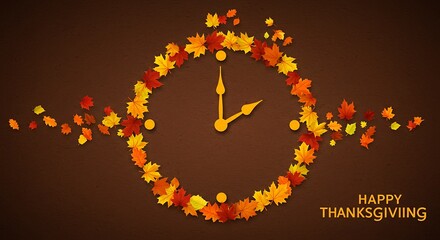 Happy thanksgiving clock decorated with autumn leaves
