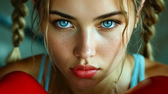 A woman with blue eyes wearing red boxing gloves