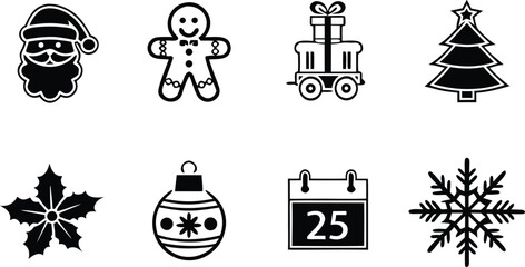 Christmas Holiday Icons Set Black and White Vector