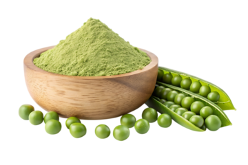 Green pea protein powder in wooden bowl with fresh peas on transparent background