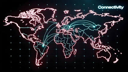 Global Digital Network Connection: Red Glowing World Map with Interconnected Dots and Lines on a Dark Background, Representing Technology, Communication, and Global Business