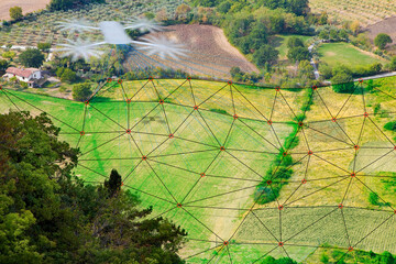 DRONE SURVEYING A FLAT AGRICULTURAL FIELD WITH DIGITAL LASER GRID FOR TOPOGRAPHIC MAPPING and precision agriculture applications