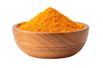 Turmeric powder in wooden bowl on transparent background