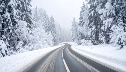 Snowy winter road through trees