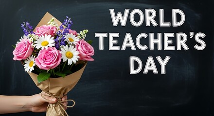 Hand holding a flower bouquet for world teachers day