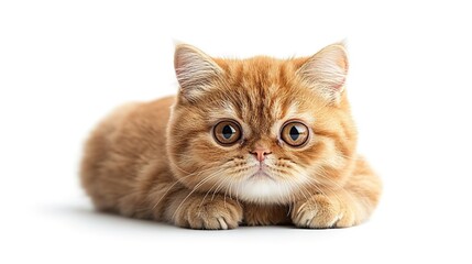 Orange Tabby Kitten Lying on White Background with Big Eyes 