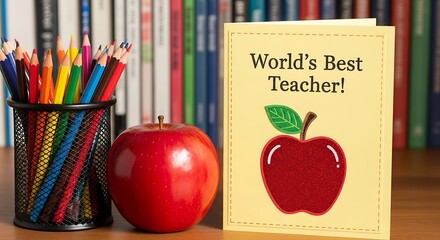 Worlds best teacher card with apple and colored pencils