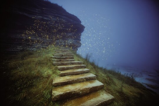 Stone steps ascend a misty hillside, lit by ethereal golden light