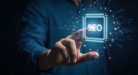 Finger touches glowing SEO circuit board interface with connected lines against a dark backdrop