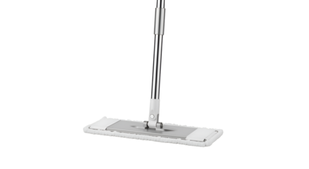 Mop stands vertically, ready for cleaning, on a black background, for household chores