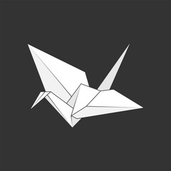 Origami paper crane icon on dark background. Origami bird from folded paper. Vector illustration