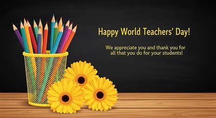 Happy world teachers day with pencils and flowers on wooden table