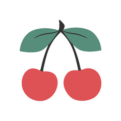 Two cherries on one branch. Hand drawn cherry berry. Vector illustration.