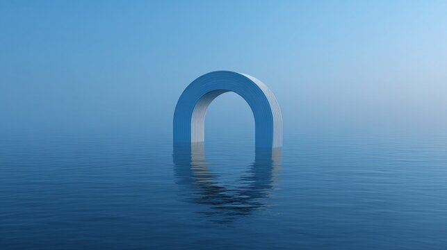 A white arch reflected in calm, blue water