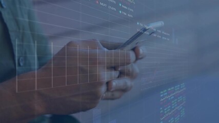 Man's hands tapping smartphone refreshing finance data for tracking markets with animated charts - Powered by Adobe