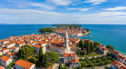 Obraz premium Aerial View: Picturesque Coastal Town, Adriatic Sea, Sunny Day, Orange Roofs, Church Spire
