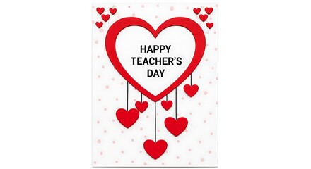 Happy teachers day greeting card with red hearts isolated on white background