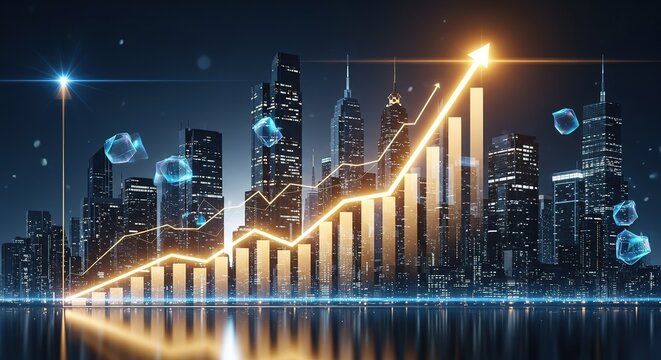 Night Cityscape:  Financial Growth, Upward Trending Bar Graph,  Technological Innovation,  Futuristic Design,  Positive Economic Outlook.