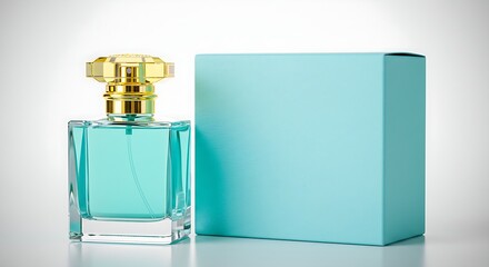 A perfume bottle with an aqua-colored liquid is displayed with its minimalist blue packaging.