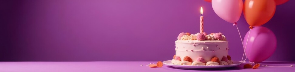 A delicious birthday cake adorned with balloons, set against a rich purple background , red, overhead shot