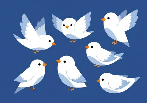 Flat illustration of a charming collection of six white cartoon birds in various flying and perching poses against a vibrant blue background