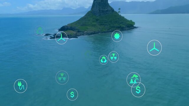After one-second delay island rising over sea icons fading and clustering showing energy network