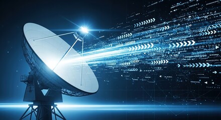 Futuristic Satellite Dish: High-Tech Data Transmission, Digital Stream, Blue Tone, Sci-Fi Aesthetic